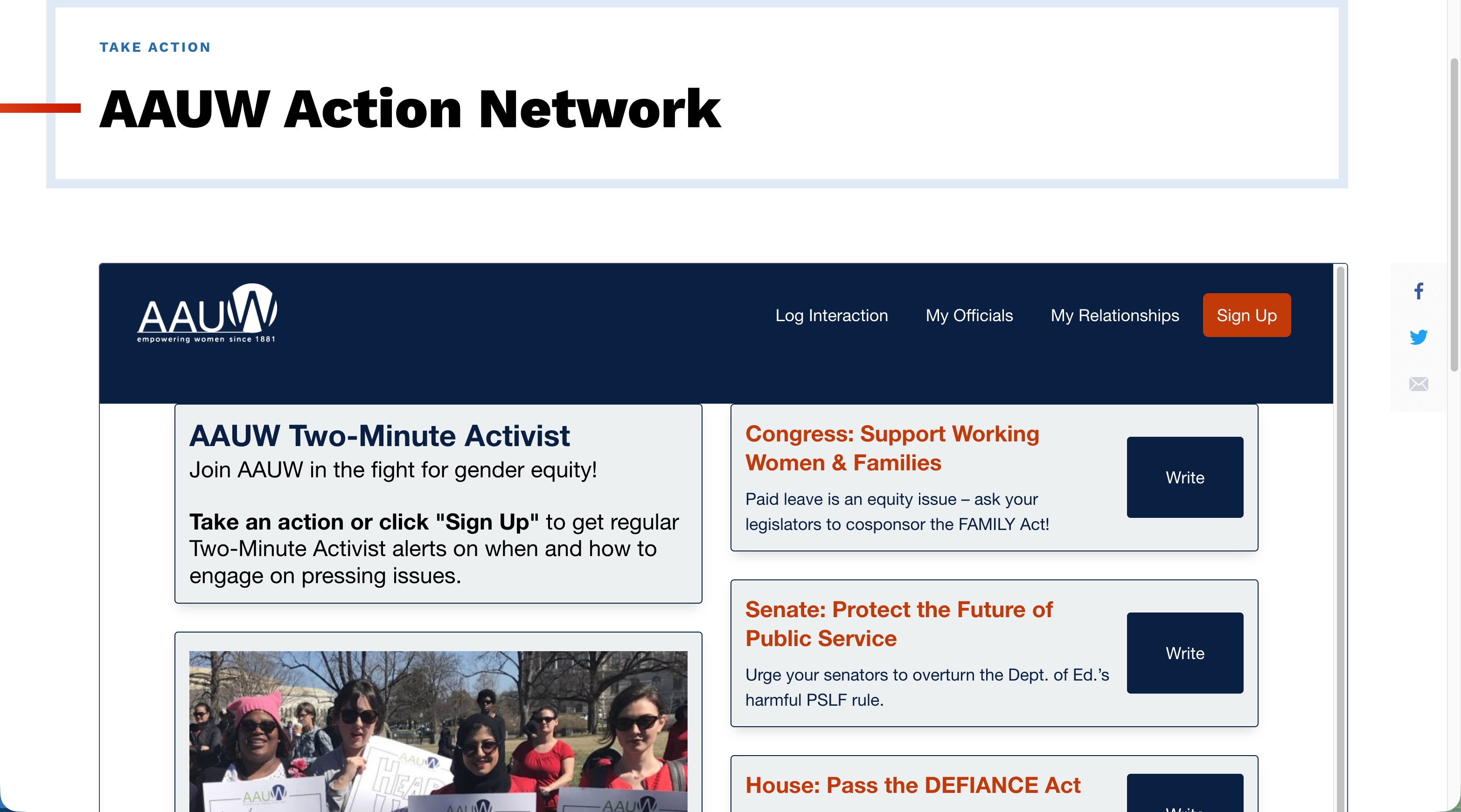 Action Network embedded in the AAUW website.