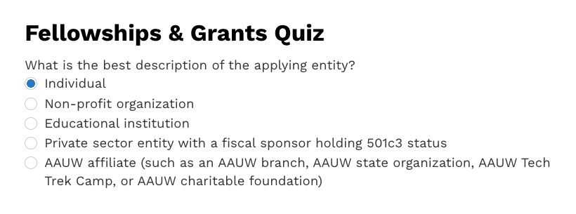 AAUW fellowships & grants quiz screenshot.