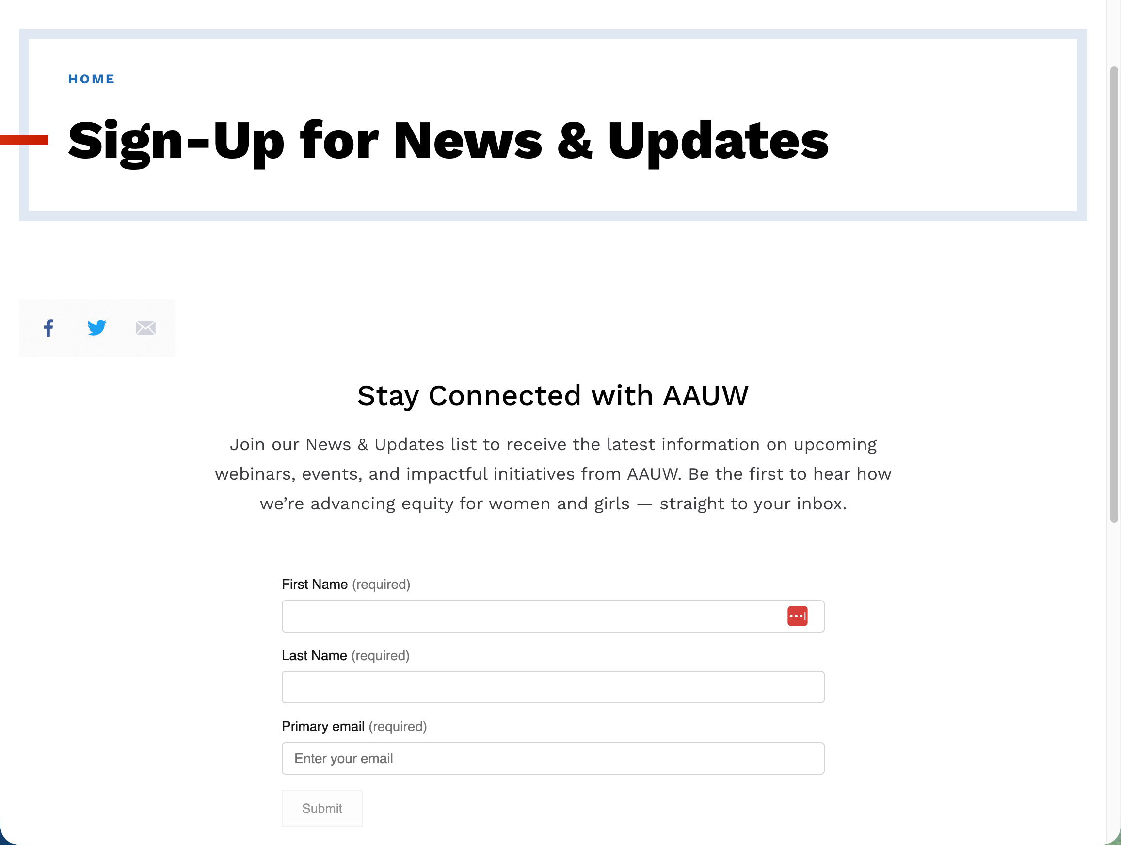 AAUW news signup form screenshot.