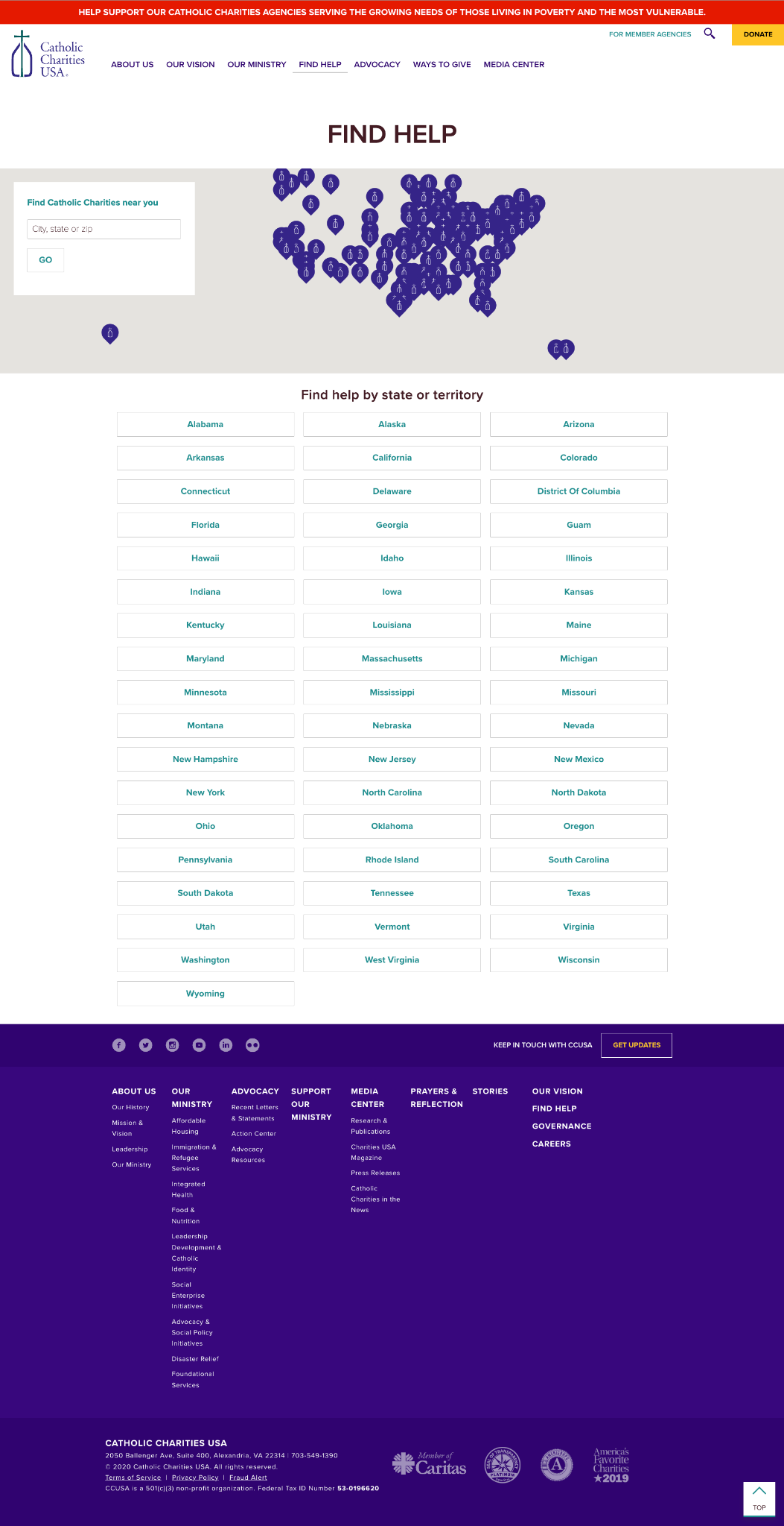 Catholic Charities USA Find Help page with search, map, and state directory